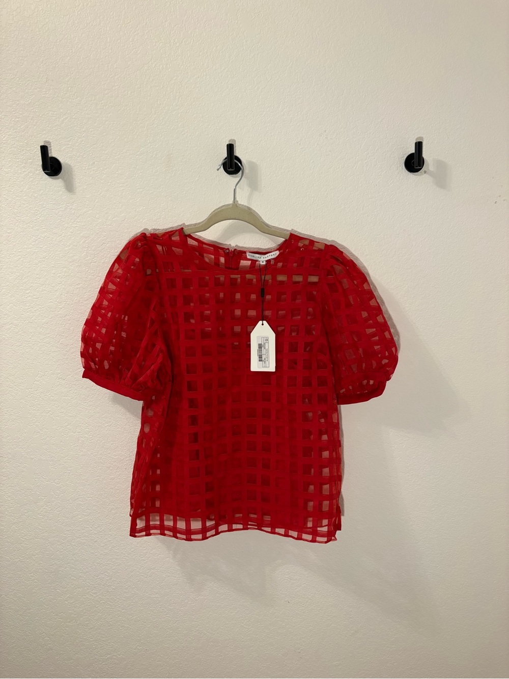 NWT English Factory Puff Sleeve Sheer Plaid Blouse - Picture 2 of 4